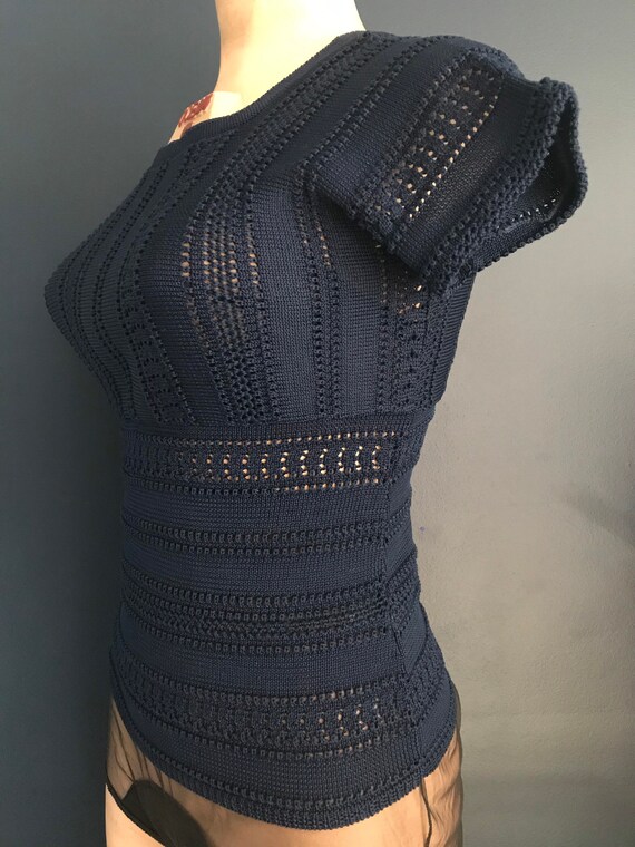 Vtg 70s Navy Blue Crochet Knit Shirt - image 3