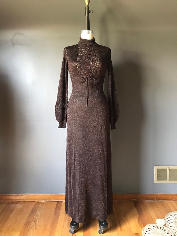 Vtg 70s Wenjilli Dress / Copper Metallic Sparkle