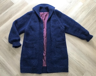 Vintage Dark Blue Hand Knit Cardigan Sweater