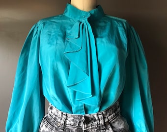 Vtg 70s 80s Teal Neck Ruffle Ascot Blouse