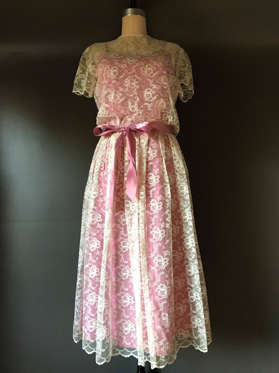 Vtg 70s Lace Overlay Dress - image 2