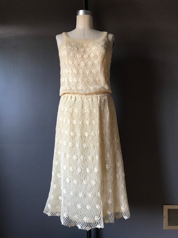Vtg 70s Crochet Knit Dress with Matching Sweater