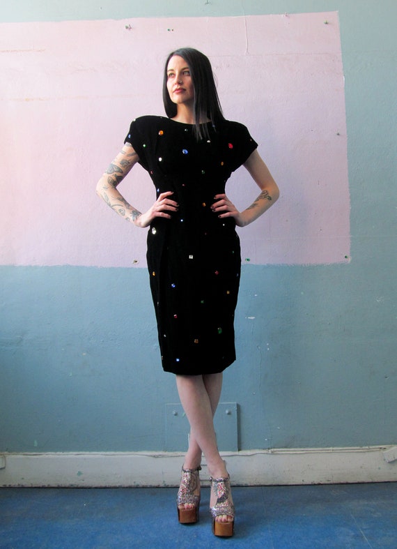 Vintage 80s/90s Black and Gold Bead And Sequin Velvet Cocktail Dress with Illusion Panels