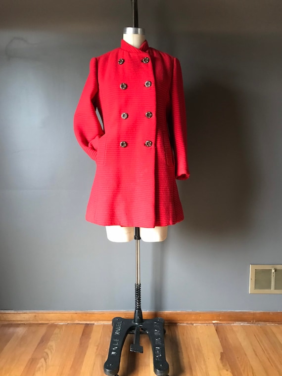 Vtg 60s Ribbed Double Breasted Mod Red Coat