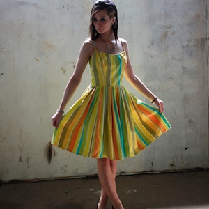Vtg 50s Yellow Stripe Cotton Dress / Pastel / Sundress image 1
