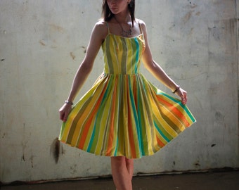 Vtg 50s Yellow Stripe Cotton Dress / Pastel / Sundress