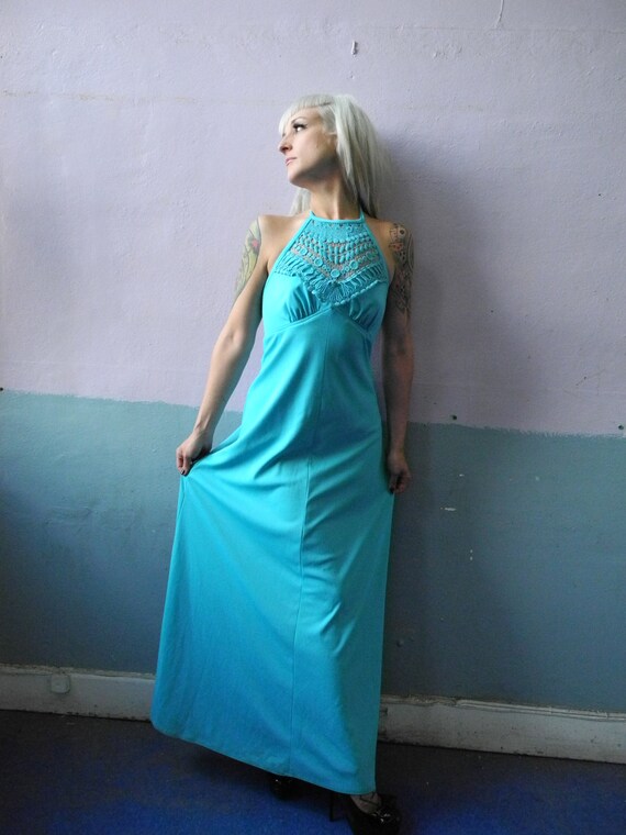 Vtg 60s 70s Blue Halter Maxi / Empire Waist / Boh… - image 5