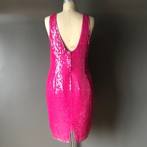 Vtg Modi Hot Pink Silk Sequin Cocktail Dress / Low Cut Back