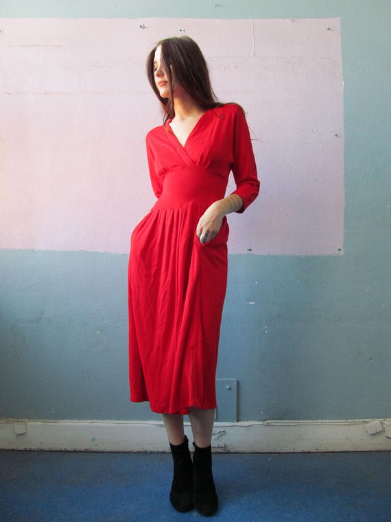 Vtg 70s 80s Red Dress / Button Up Back
