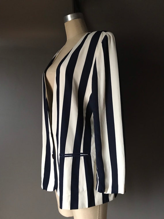 Vtg Navy & White Striped Silky Blazer - image 3