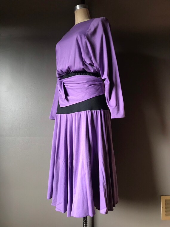 Vtg 80s Purple Dolman Sleeve Draped Dress