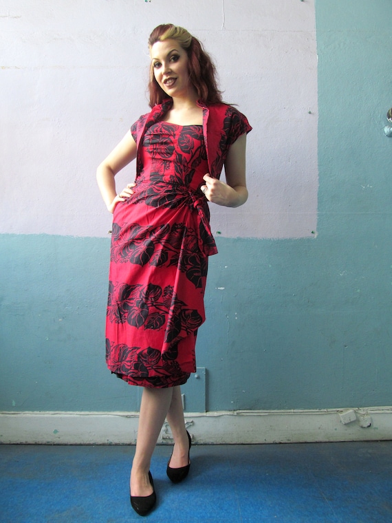 Vtg 50s Sarong Dress / Matching Bolero Jacket / H… - image 1