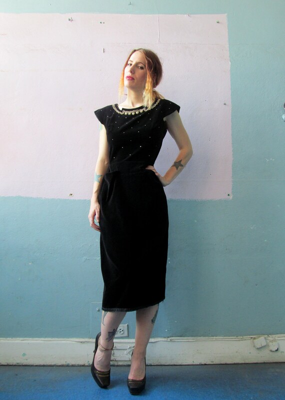 Vtg 40s 50s Black Velvet Bombshell Dress