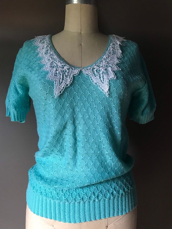 Vtg 70s 80s Lace Collar Sweater Knit Blouse - image 3