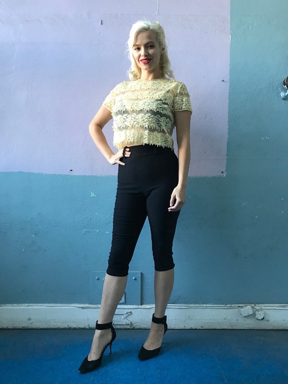 Vtg 60s Yellow Lace Blouse