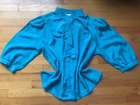 Vtg 70s 80s Teal Neck Ruffle Ascot Blouse - image 2