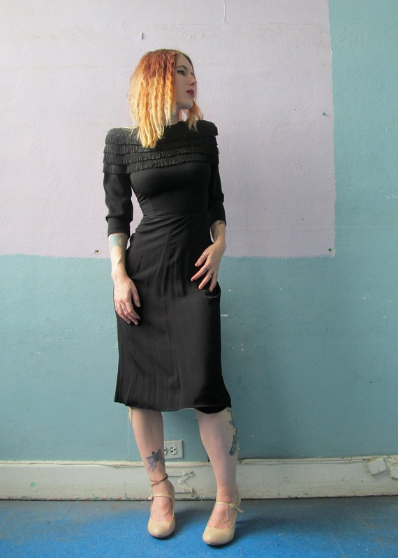 Vtg 40s 50s Black Rayon Crepe Dress / Fringe