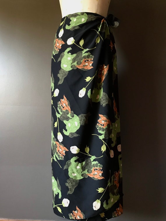 Vtg 80s 90s Silk Foo Dog Print Skirt / Sarong Sty… - image 6