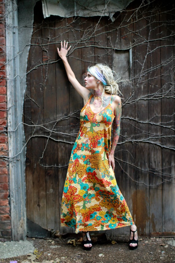 Vtg 60s Psychedelic Maxi Dress / Mod Tree Print - image 3