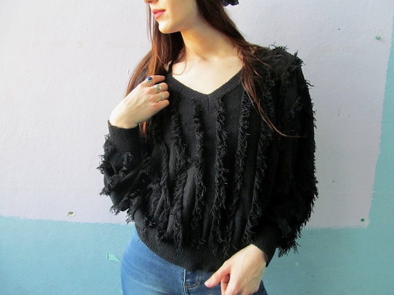 Vtg 70s V Neck Shaggy Fringe Sweater Knit - image 5