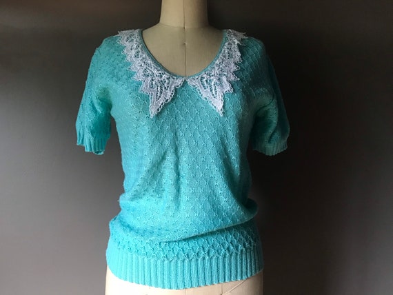 Vtg 70s 80s Lace Collar Sweater Knit Blouse - image 1
