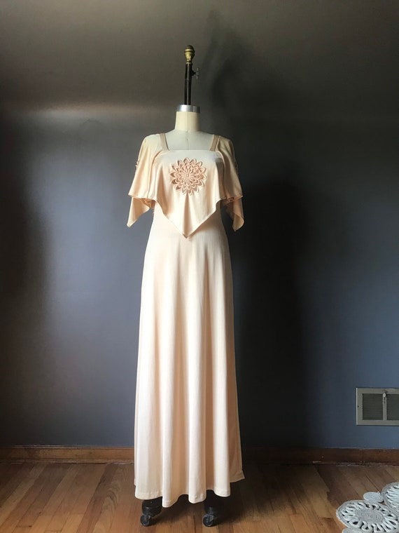 Vtg 70s Cut Out Champagne Hanky Dress