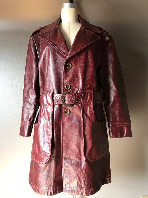 Vtg 70s Mens Belted Leather Mod Coat
