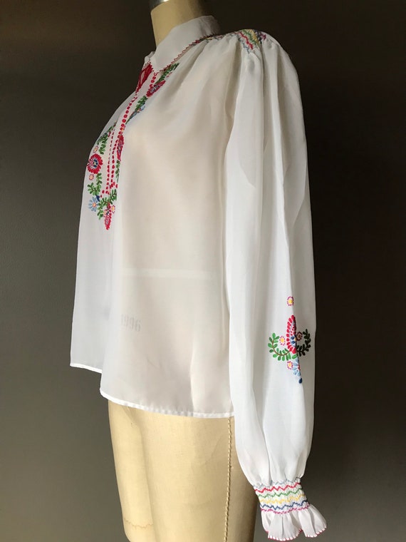 Vtg 70s Embroidered Folk Sheer Blouse - image 3