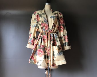 Vtg 80s 90s Floral Linen Blend Blazer Jacket