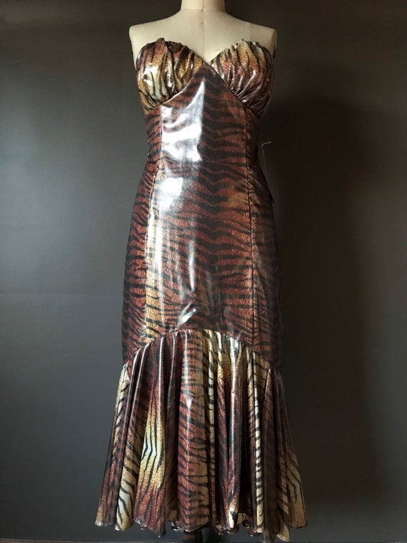 Vtg 80s Shiny Tiger Dress / Mermaid Hem - image 7