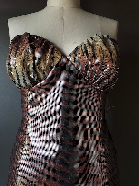 Vtg 80s Shiny Tiger Dress / Mermaid Hem - image 6