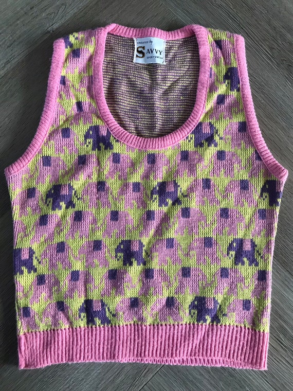 Vtg Pink Elephant Knit Pullover Sweater Vest - image 2