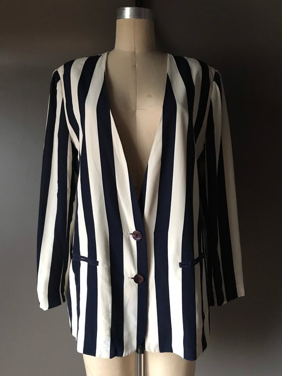 Vtg Navy & White Striped Silky Blazer - image 2