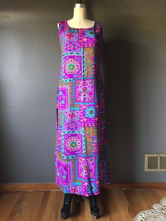 Vtg 60s 70s Psychedelic Tunic Dress with Matching 