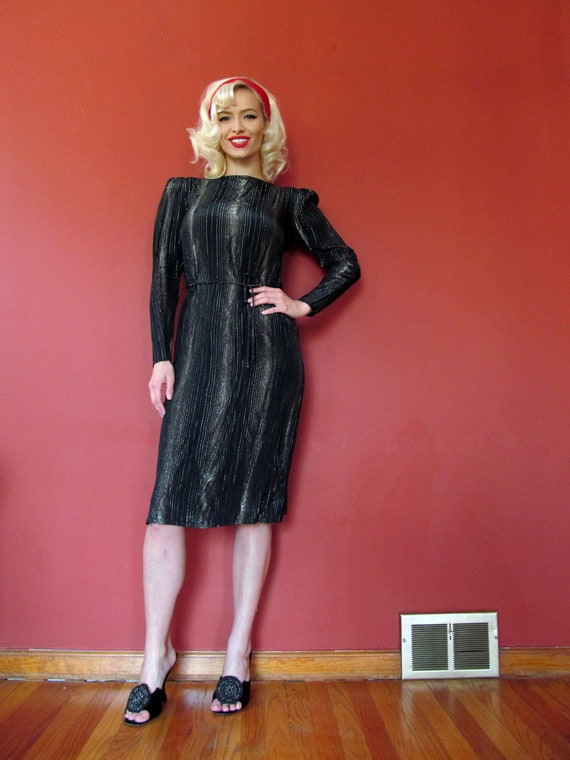 Vtg 70s 80s Metallic Pinstripe Disco Dress / Puff… - image 2