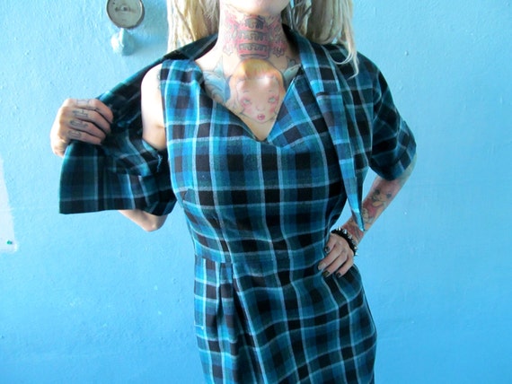 Vtg 40s 50s Blue Plaid Dress / Matching Bolero Ja… - image 5