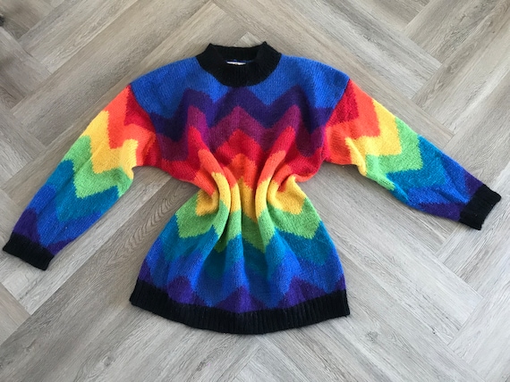 Vtg 80s 90s Zig Zag Rainbow Stripe Sweater - image 1