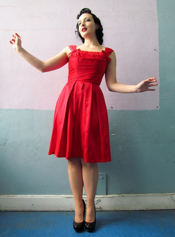 Vtg 50s Red Sweetheart Dress / Hot Cocktail Dress… - image 1