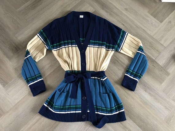 Vtg 70s Blue Striped Cardigan Sweater - image 1