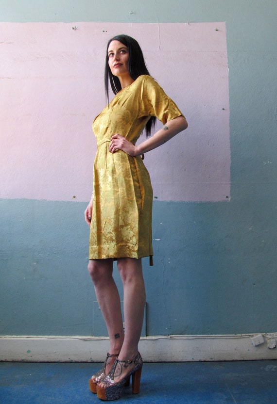 Vtg 60s Gold Brocade Dress