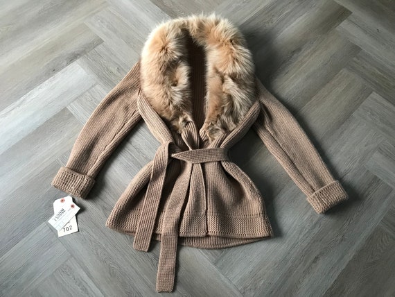 Vtg 60s Murra Fur Collar Wool Cardigan / Sweater … - image 1