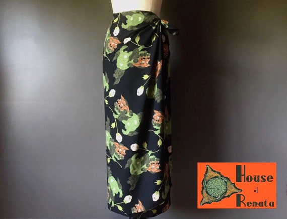 Vtg 80s 90s Silk Foo Dog Print Skirt / Sarong Sty… - image 1