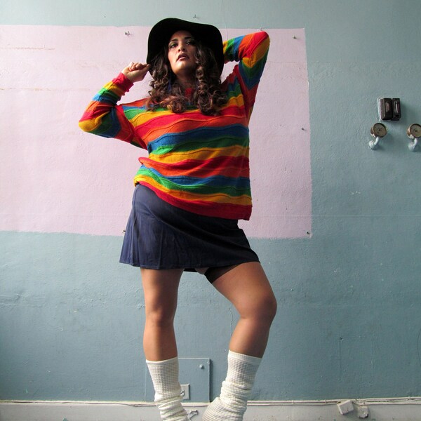 Vtg 80s 90s Rainbow Sweater / Mercerized Cotton Blend Pullover / Coogi Style / 2X