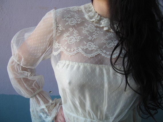 Vtg 70s Sheer Lace Overlay Wedding Dress/ San Fra… - image 1