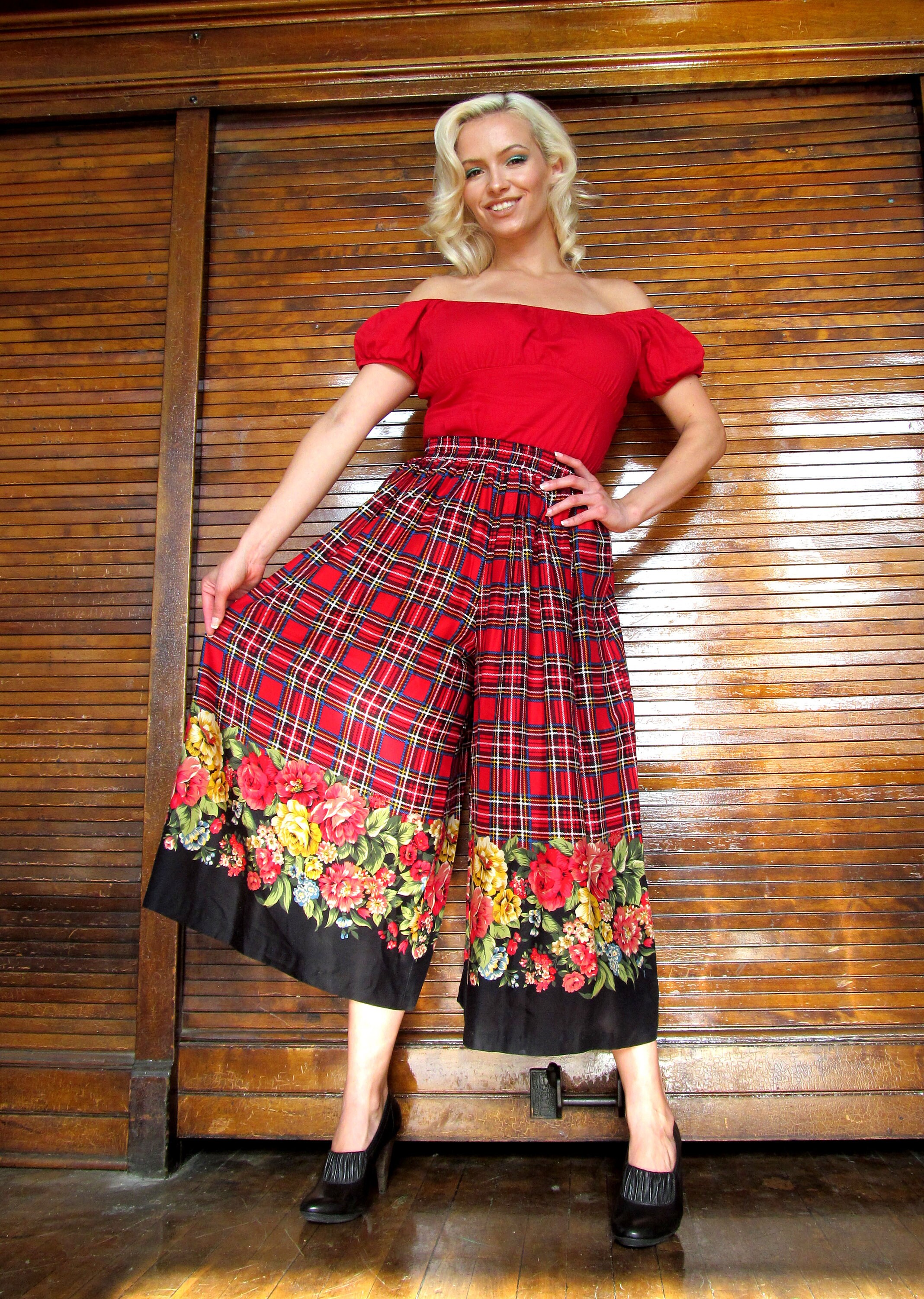 Vtg 80s 90s Plaid & Floral Wide Leg Crop Gaucho Pants - Etsy