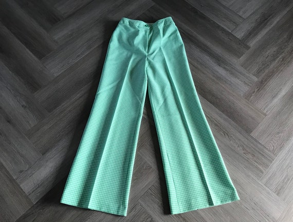 Vtg 70s Bell Bottom Pants / Lime Green Plaid - image 1