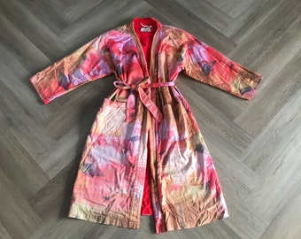 Vtg 90s Terry Cloth Lined Watercolor Robe / Duster Robe Jacket