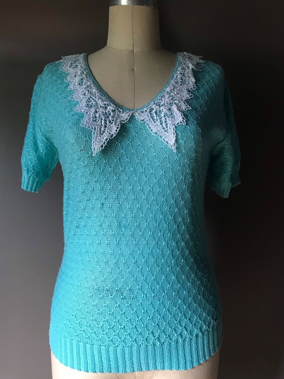 Vtg 70s 80s Lace Collar Sweater Knit Blouse - image 7