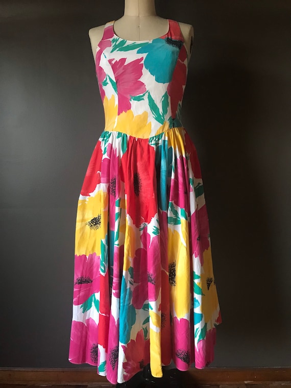 Vtg 80s Bold Floral Full Skirt Dress