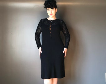 Vtg 60s 70s Black Knit Sweater Dress